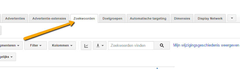 AdWords tab zoekwoorden