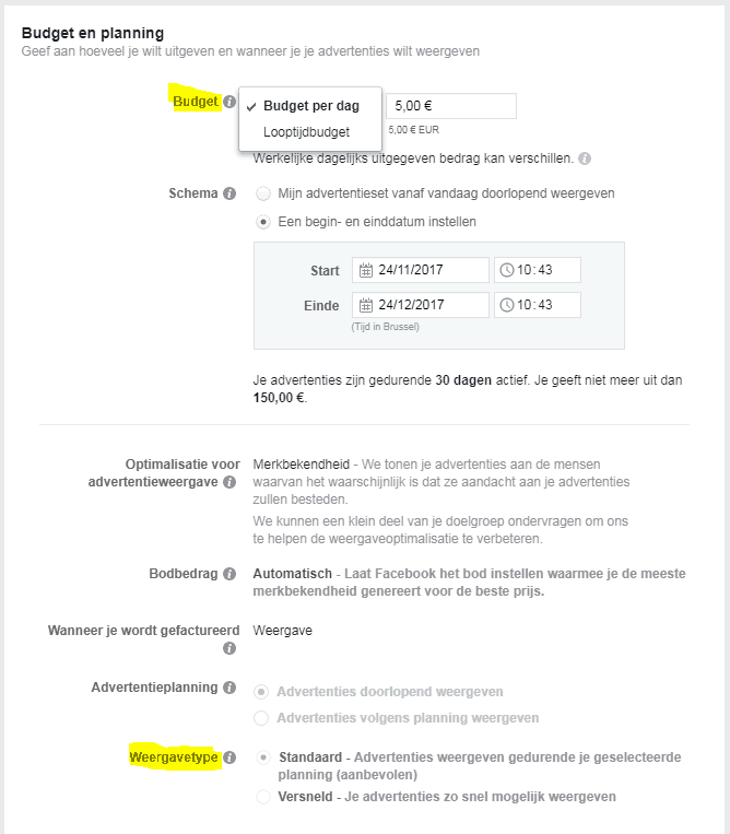 Facebook advertentie budget en planning
