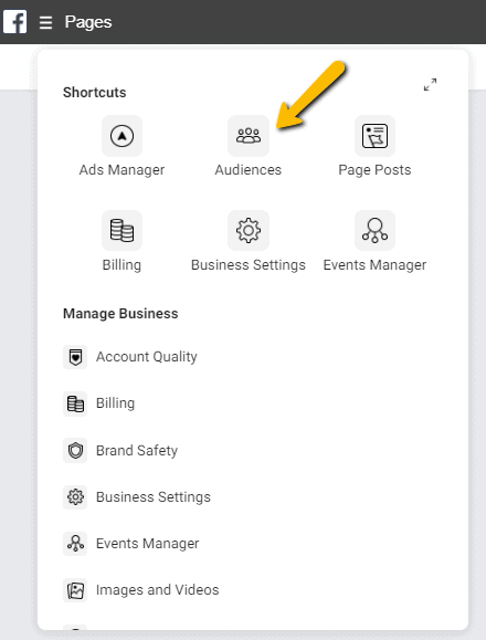 Facebook Businessmanager menu doelgroepen