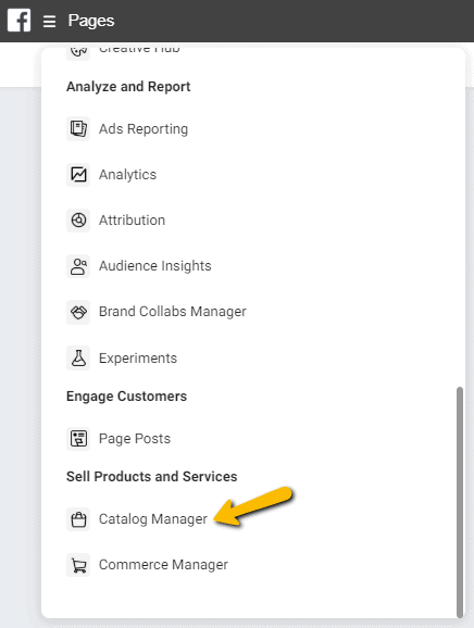 Facebook Businessmanager menu catalogi