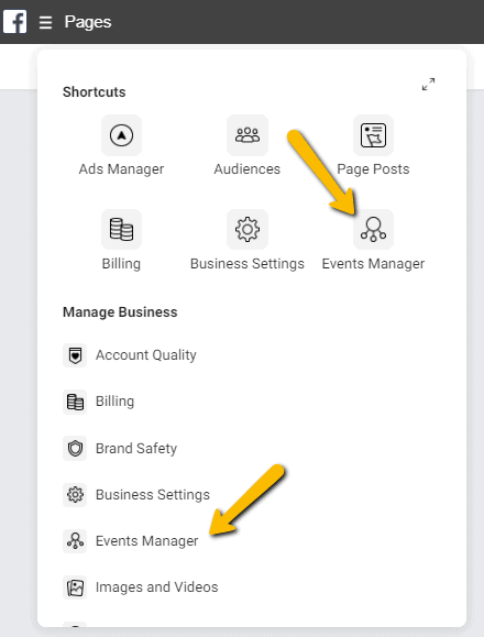 Facebook Businessmanager menu gebeurtenisbeheer