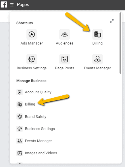 Facebook Businessmanager menu facturen