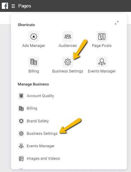 Facebook Business Manager menu - business instellingen