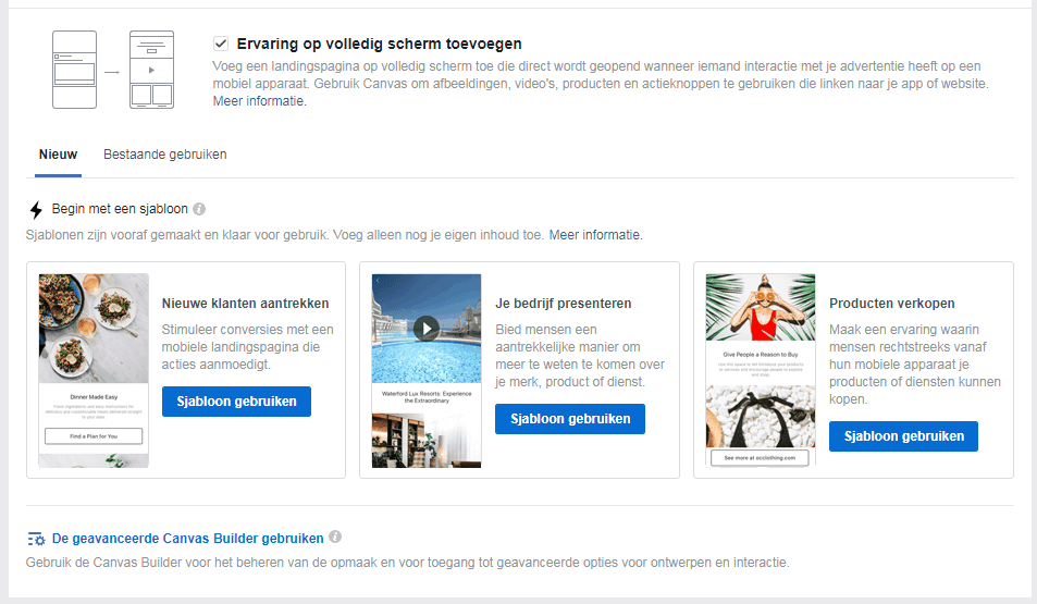 Facebook advertentie ervaring op het volledige scherm