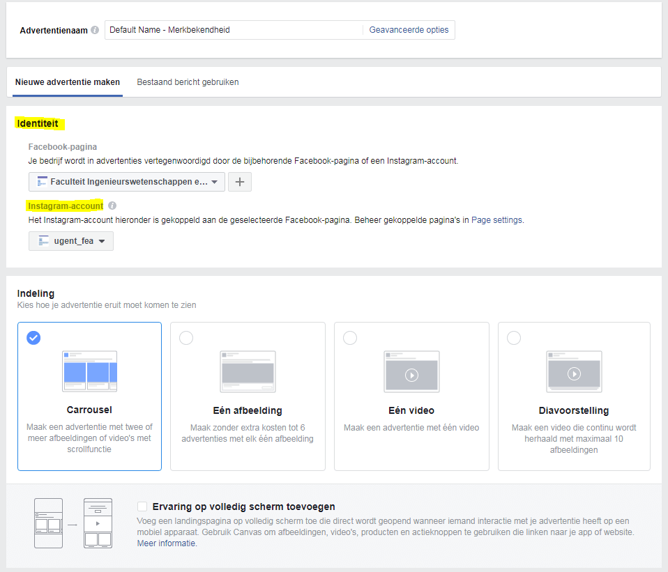 Facebook advertentie identiteit