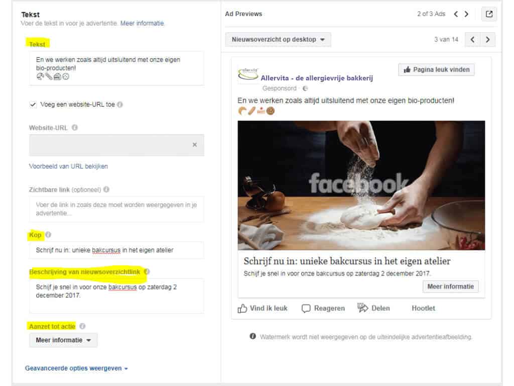 Facebook advertentie tekst