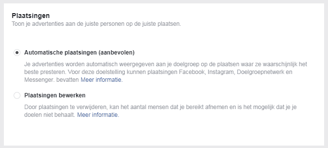 Facebook advertentie plaatsingen