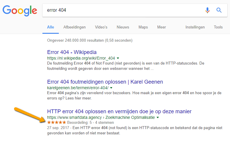 Rich snippet zichtbaarheid zoekresultaten