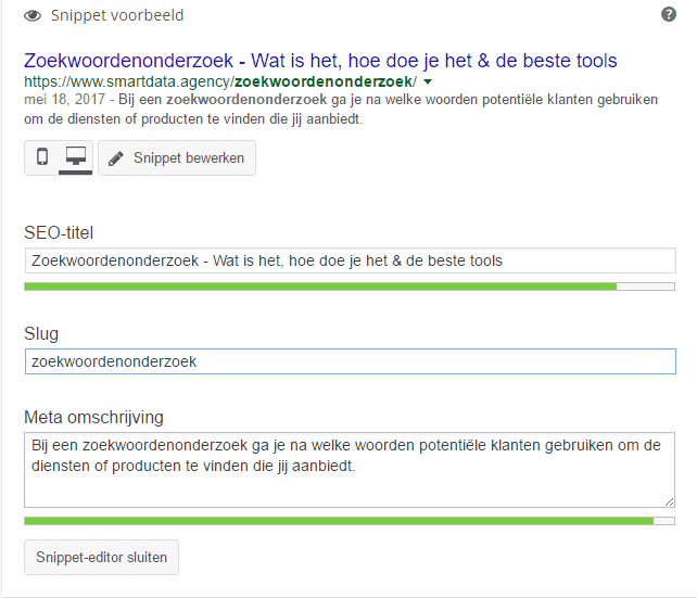 Snippet voorbeeld SEO titel slug meta- mschrijving